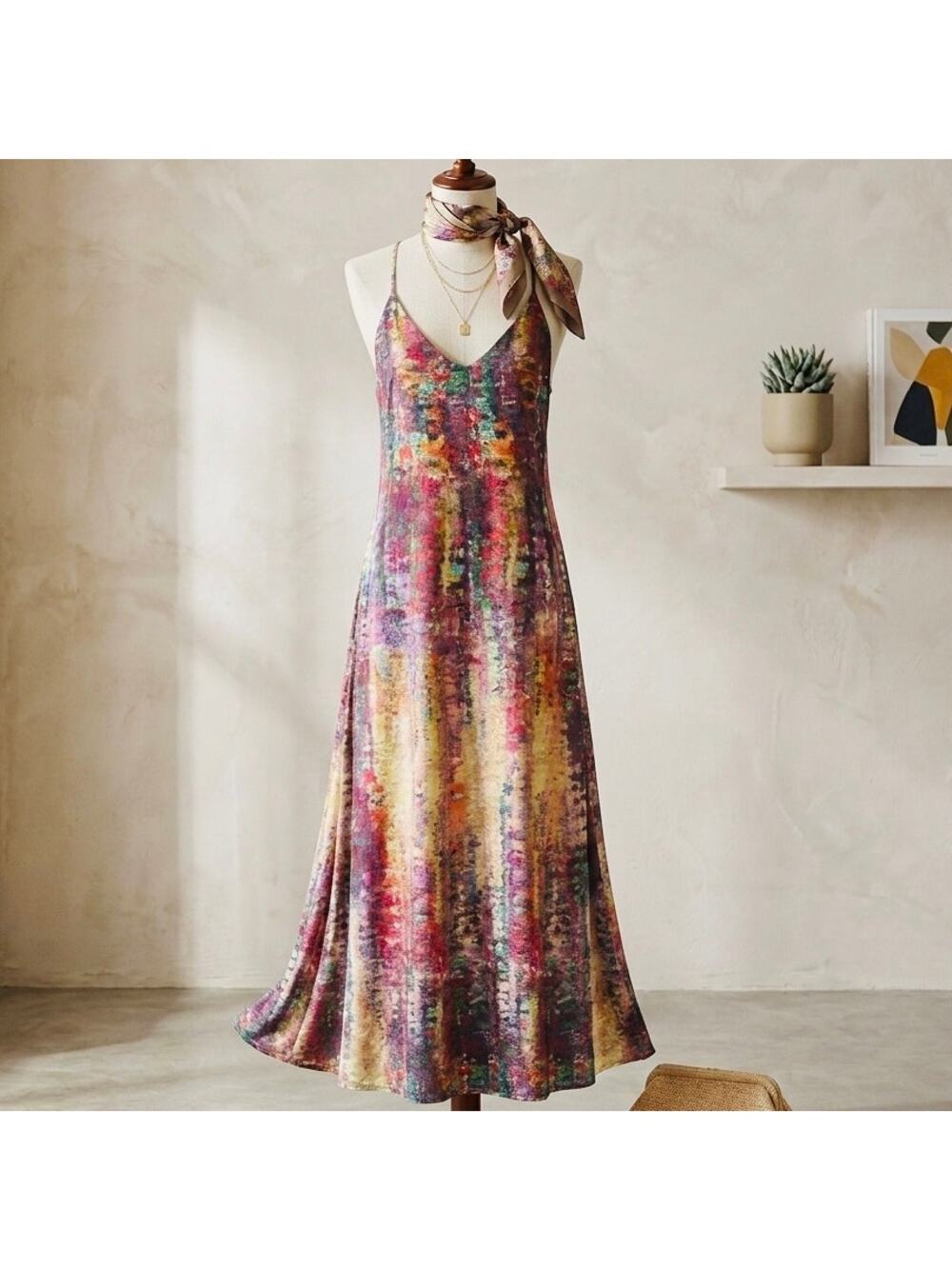 Nicole Miller Watercolor Abstract Satin Maxi Slip Dress Size L art-core boho